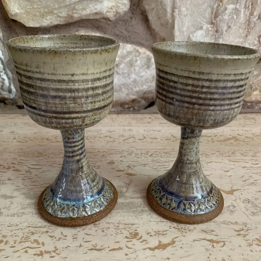 Set of two pottery goblets with purple & blue  drippy glaze.